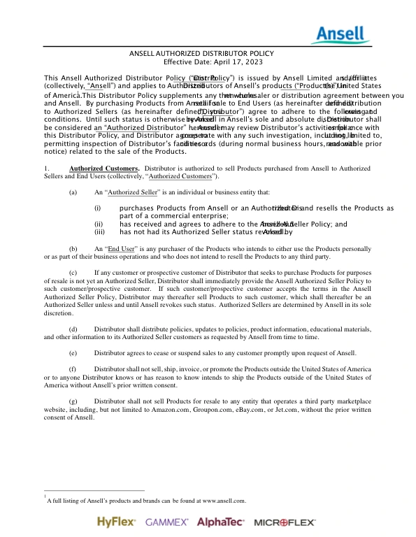 Авторизационное письмо дистрибьютора Ansell